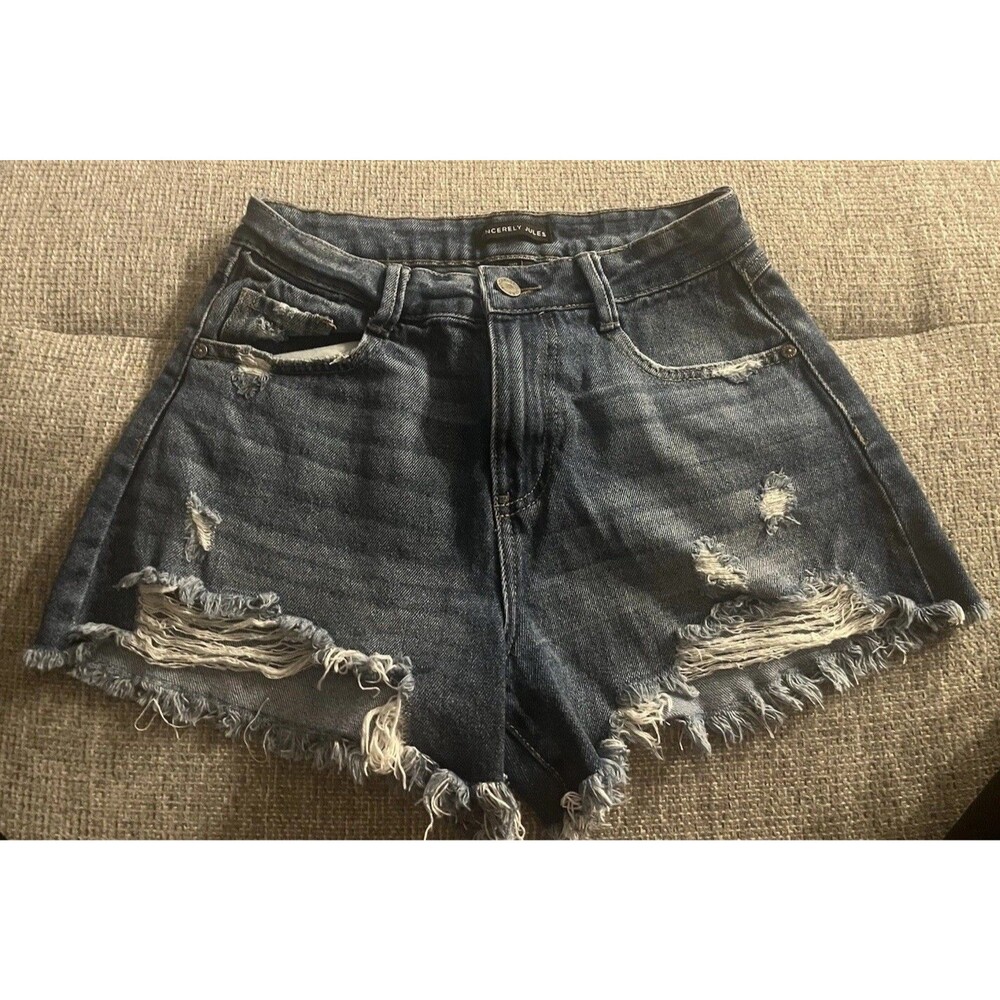 Sincerely Jules Medium Wash Denim Cut Off Shorts Distressed Mid Rise size 1 / 26